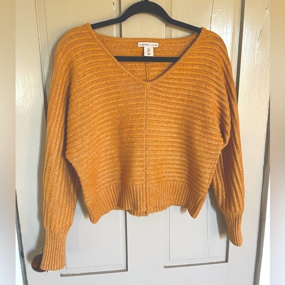 Sincerly Jules Sweaters - Sincerely Jules Orange Yellow V-Neck Sweater with Cropped Fit Cute Comfy Stretch